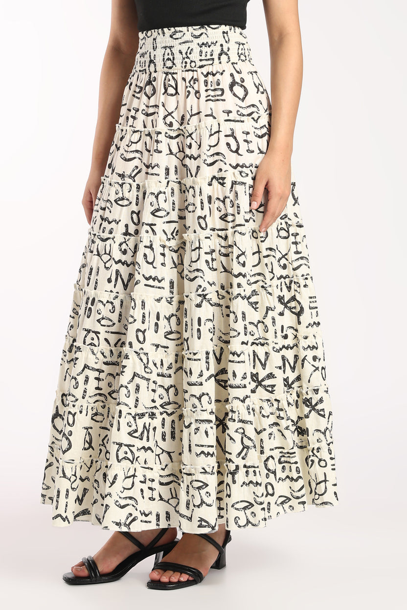 Womens Flared Off White Abstract Print Tiered Skirt - Image 4