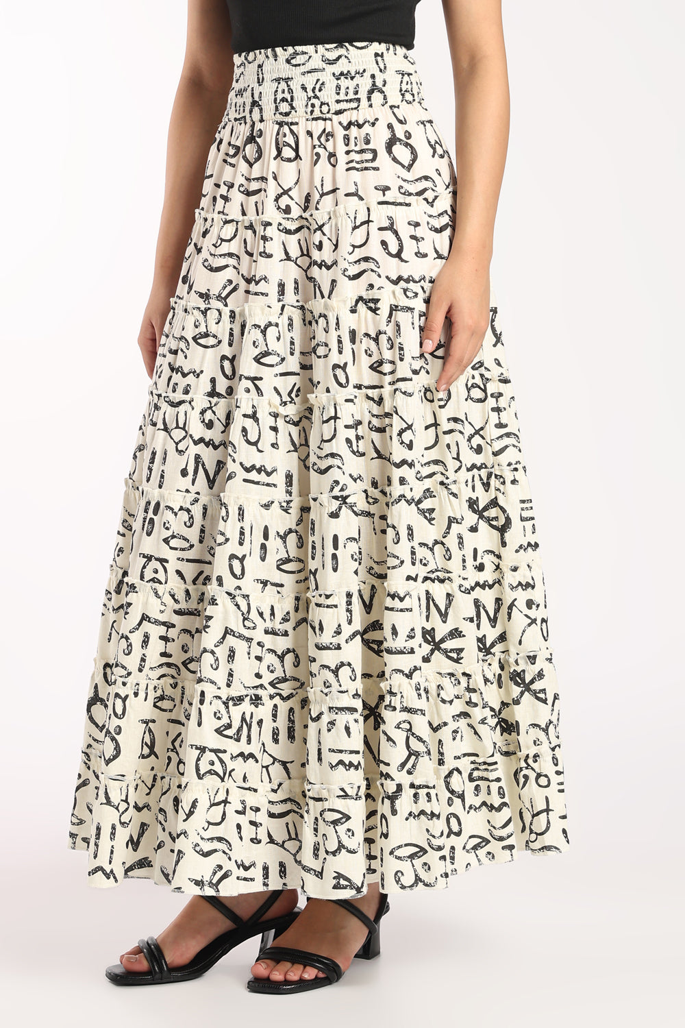 Womens Flared Off White Abstract Print Tiered Skirt - Image 4