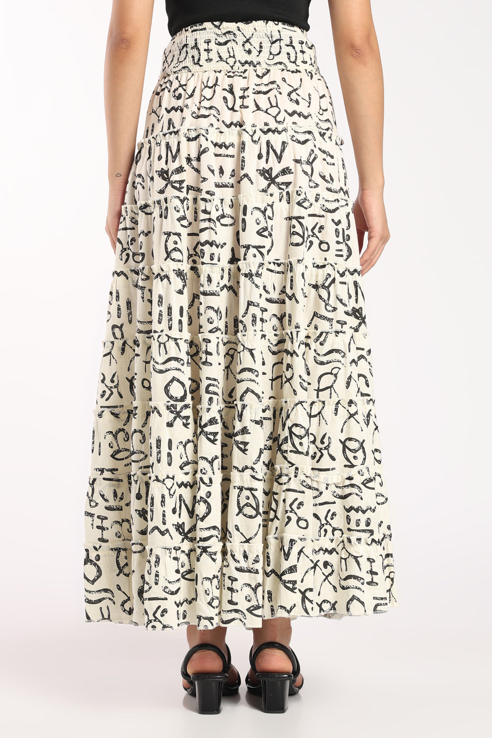 Womens Flared Off White Abstract Print Tiered Skirt - Image 5