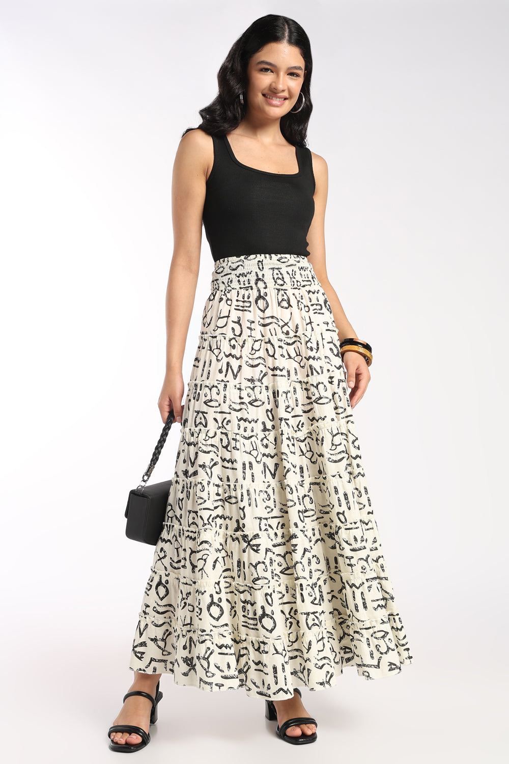 Womens Flared Off White Abstract Print Tiered Skirt - Image 6