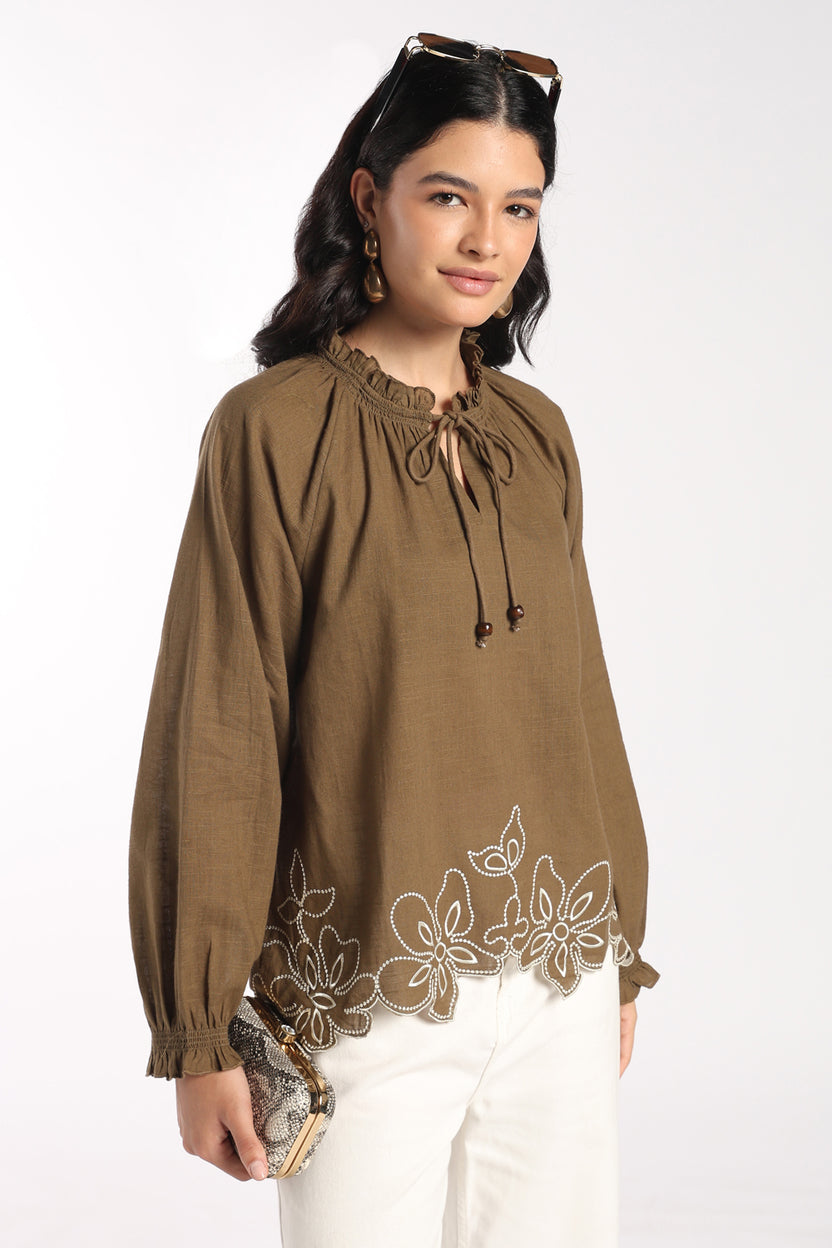 Womens Regular Fit Green Embroidered Tunic - Image 1