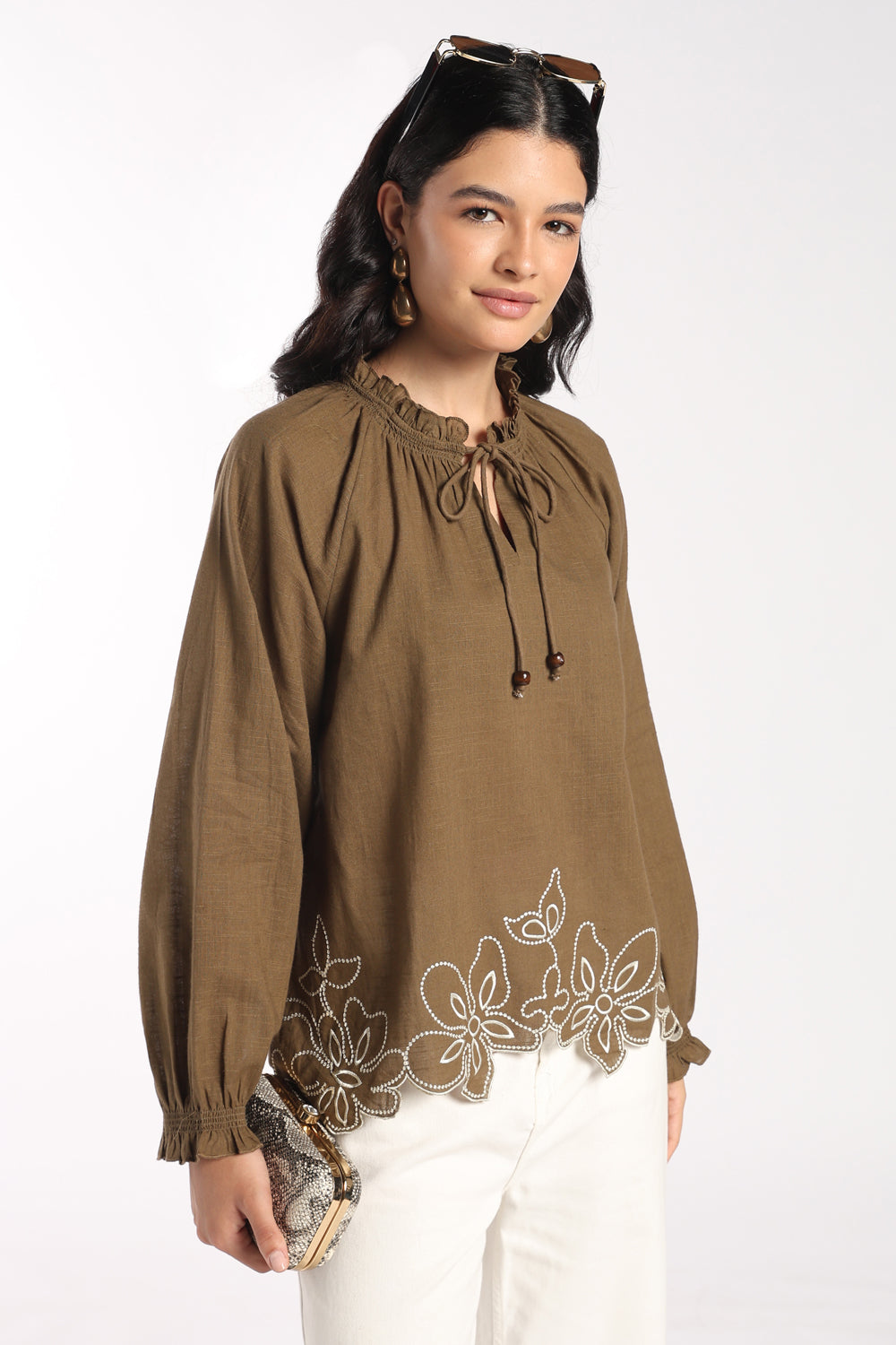 Womens Regular Fit Green Embroidered Tunic - Image 1