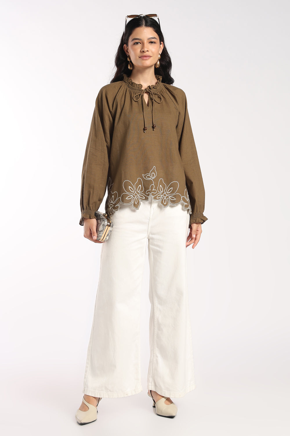 Womens Regular Fit Green Embroidered Tunic - Image 6