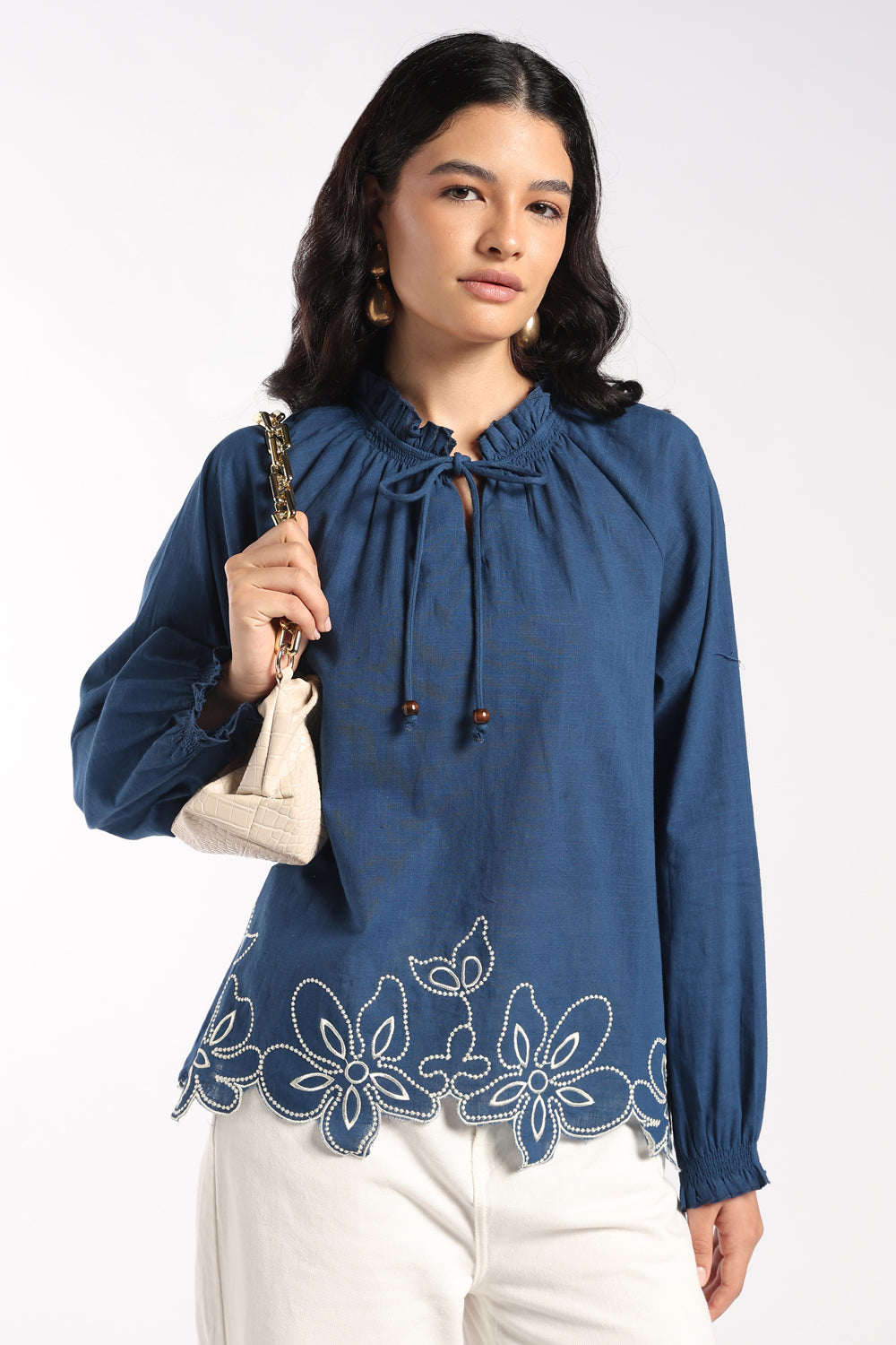 Womens Regular Fit Blue Embroidered Tunic - Image 1