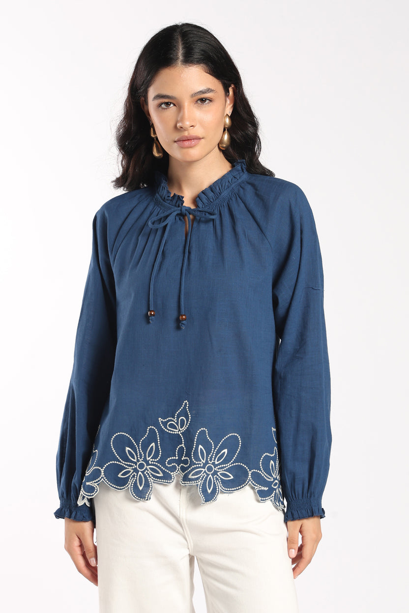 Womens Regular Fit Blue Embroidered Tunic - Image 2