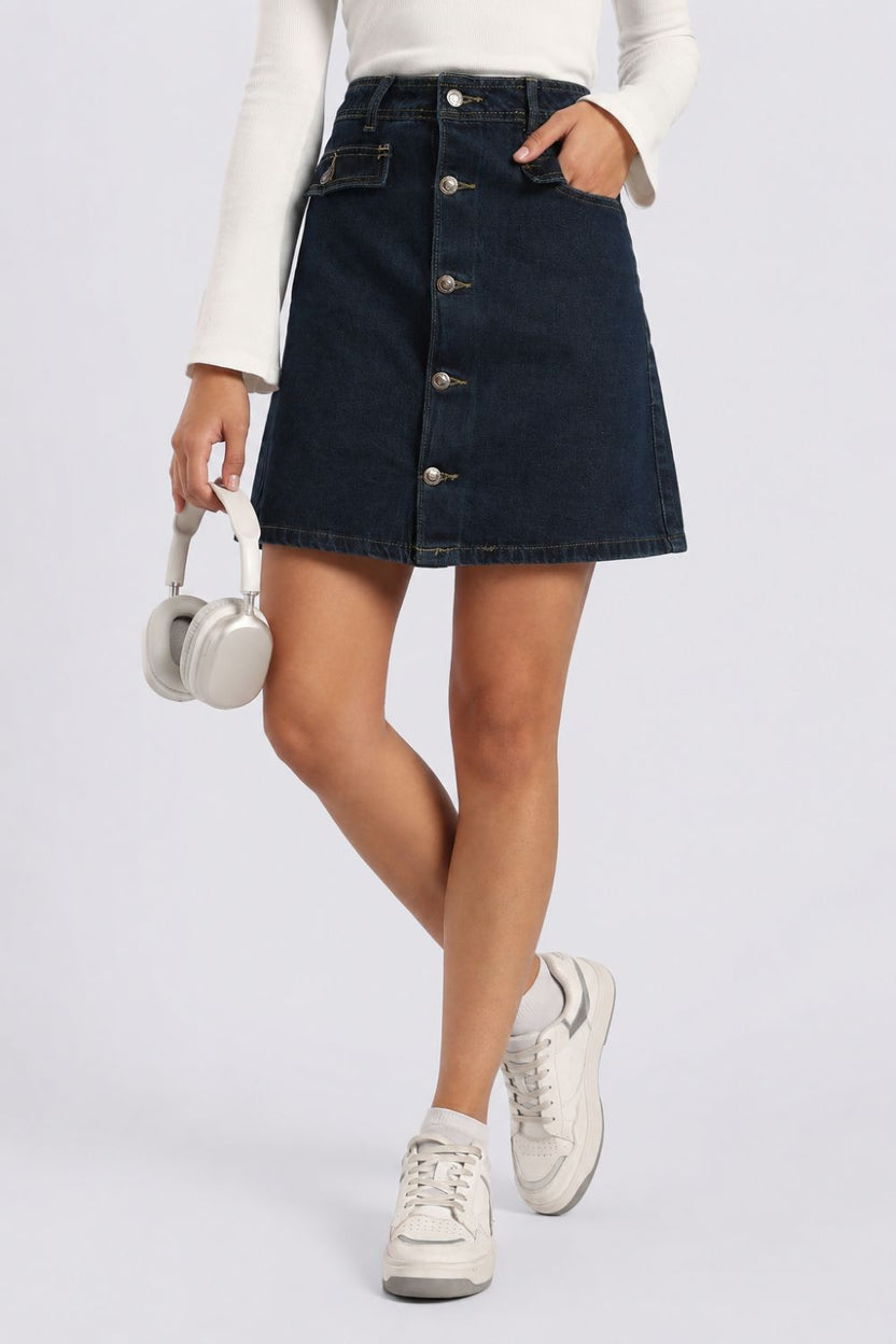 Womens Regular Fit Dark Wash Denim A-Line Mini Skirt - Image 1