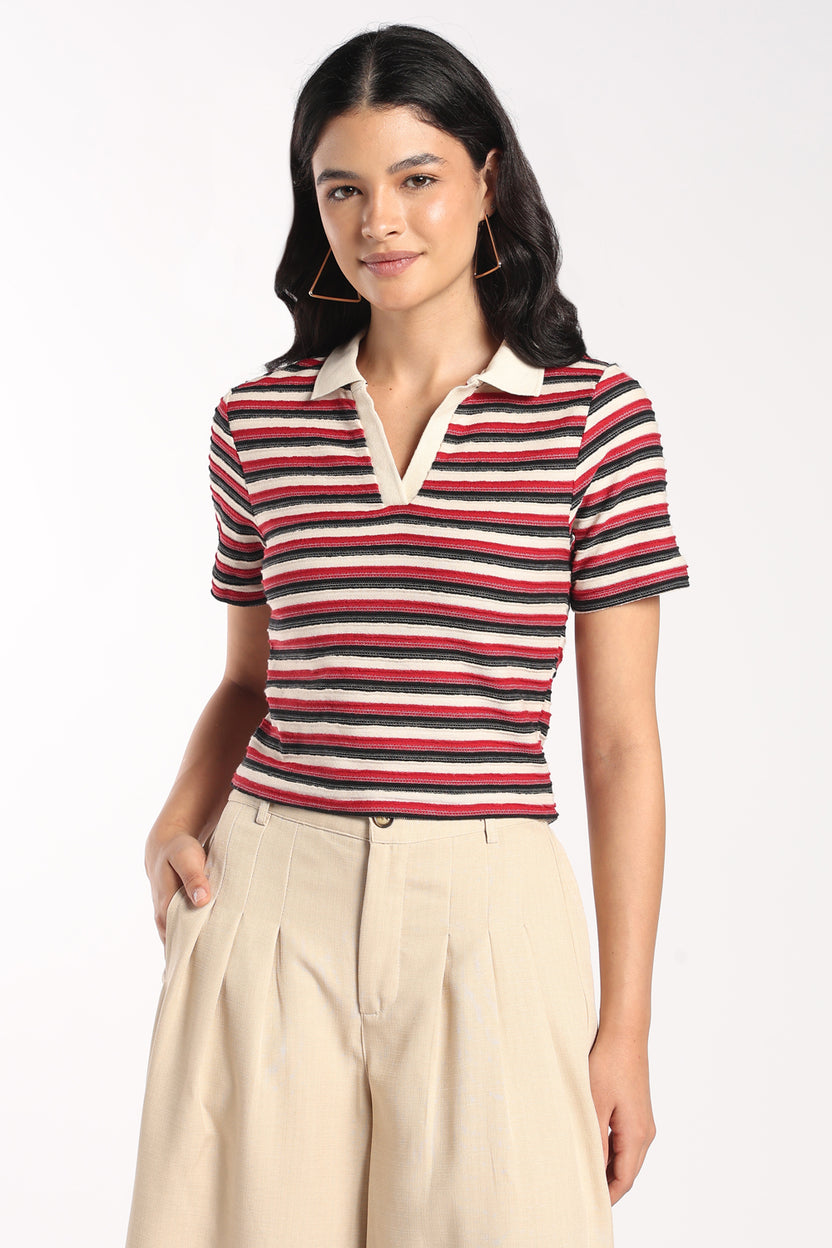 Womens Regular Fit Red Striped Polo Top - Image 2