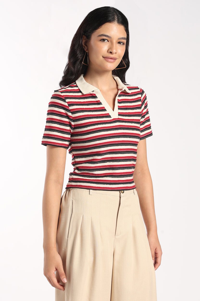 Womens Regular Fit Red Striped Polo Top - Image 4