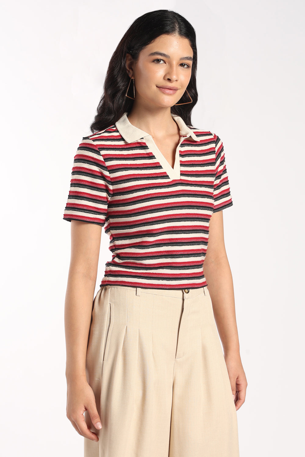 Womens Regular Fit Red Striped Polo Top - Image 4