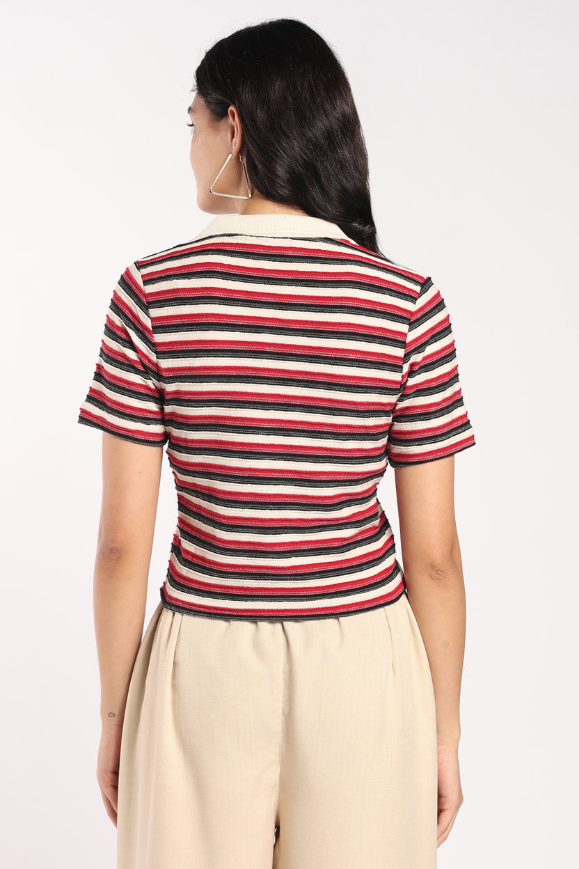 Womens Regular Fit Red Striped Polo Top - Image 5