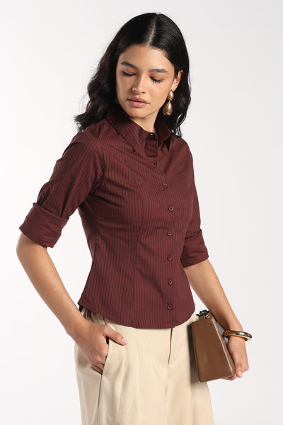 Womens Slim Fit Brown Pinstripe Stretch Shirt