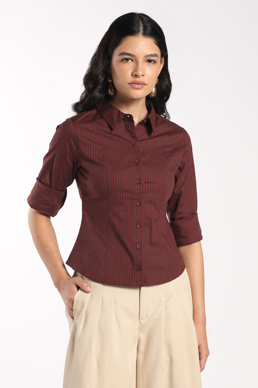 Womens Slim Fit Brown Pinstripe Stretch Shirt - Image 2