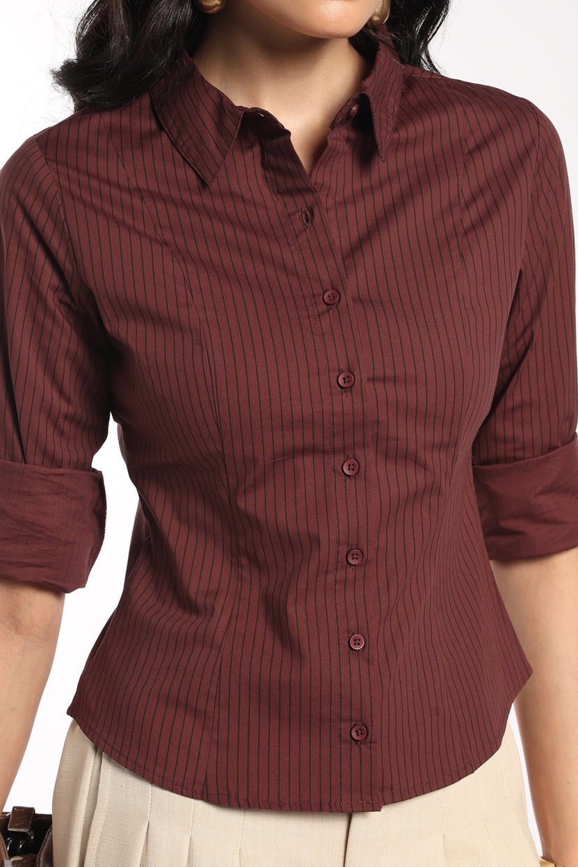 Womens Slim Fit Brown Pinstripe Stretch Shirt - Image 3