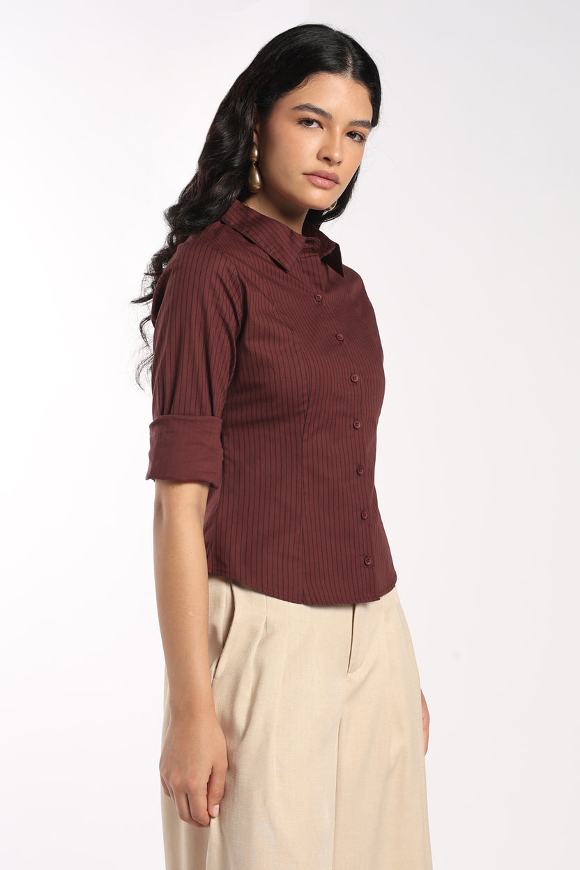 Womens Slim Fit Brown Pinstripe Stretch Shirt - Image 4