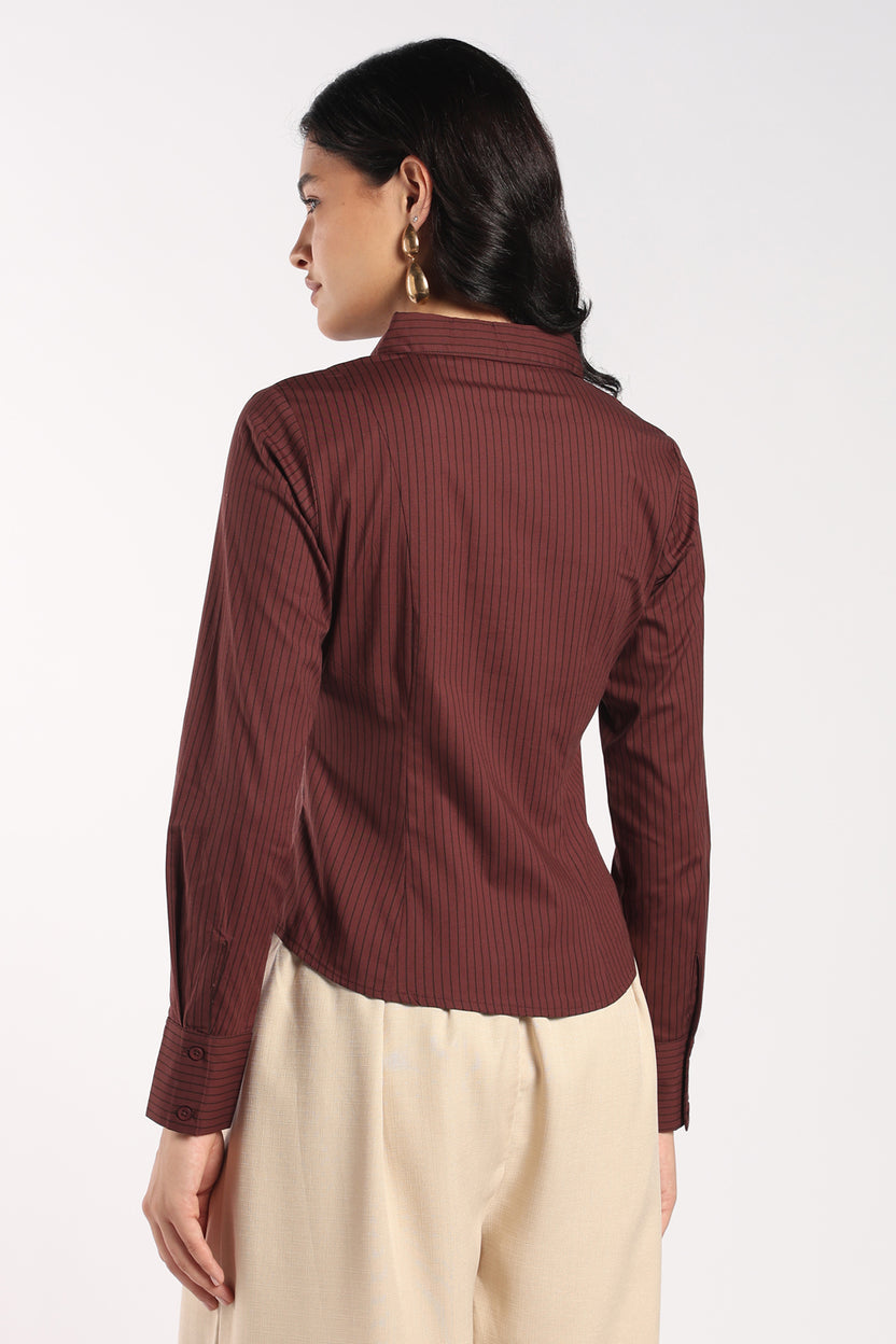 Womens Slim Fit Brown Pinstripe Stretch Shirt - Image 5