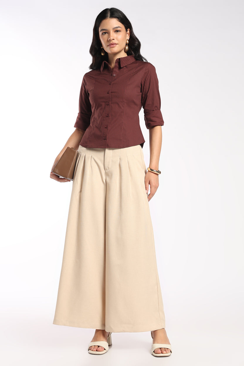Womens Slim Fit Brown Pinstripe Stretch Shirt - Image 6