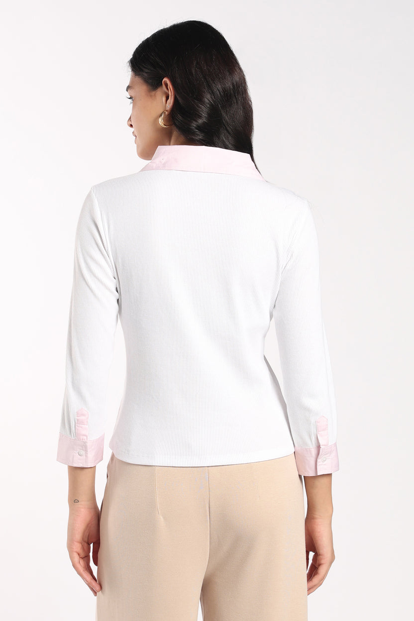 Womens Regular Fit White Collared Knit Top - Image 5