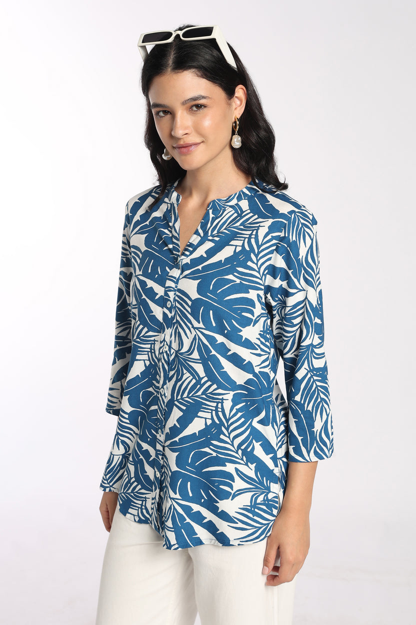 Womens Regular Fit Blue Tropical Print Tunic - Image 1
