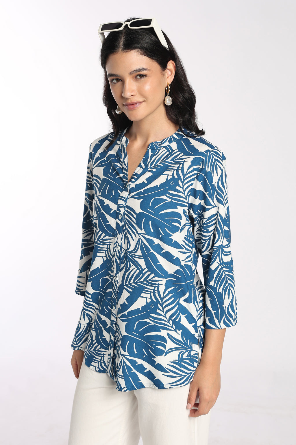 Womens Regular Fit Blue Tropical Print Tunic - Image 1