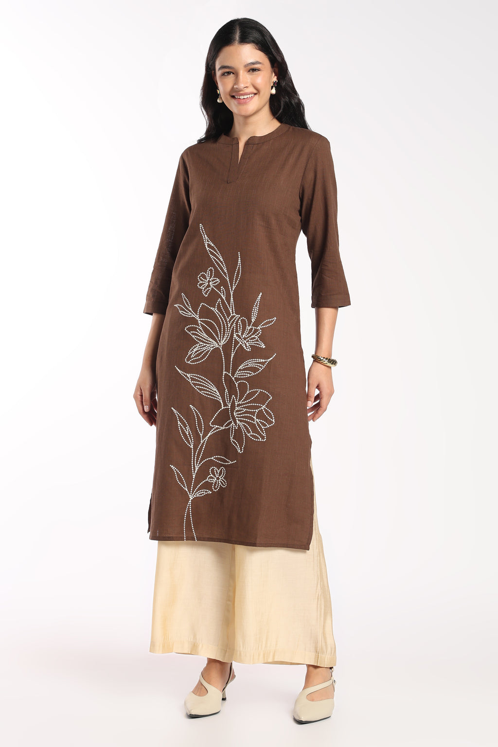 Womens Regular Fit Brown Floral Embroidered Kurta - Image 2