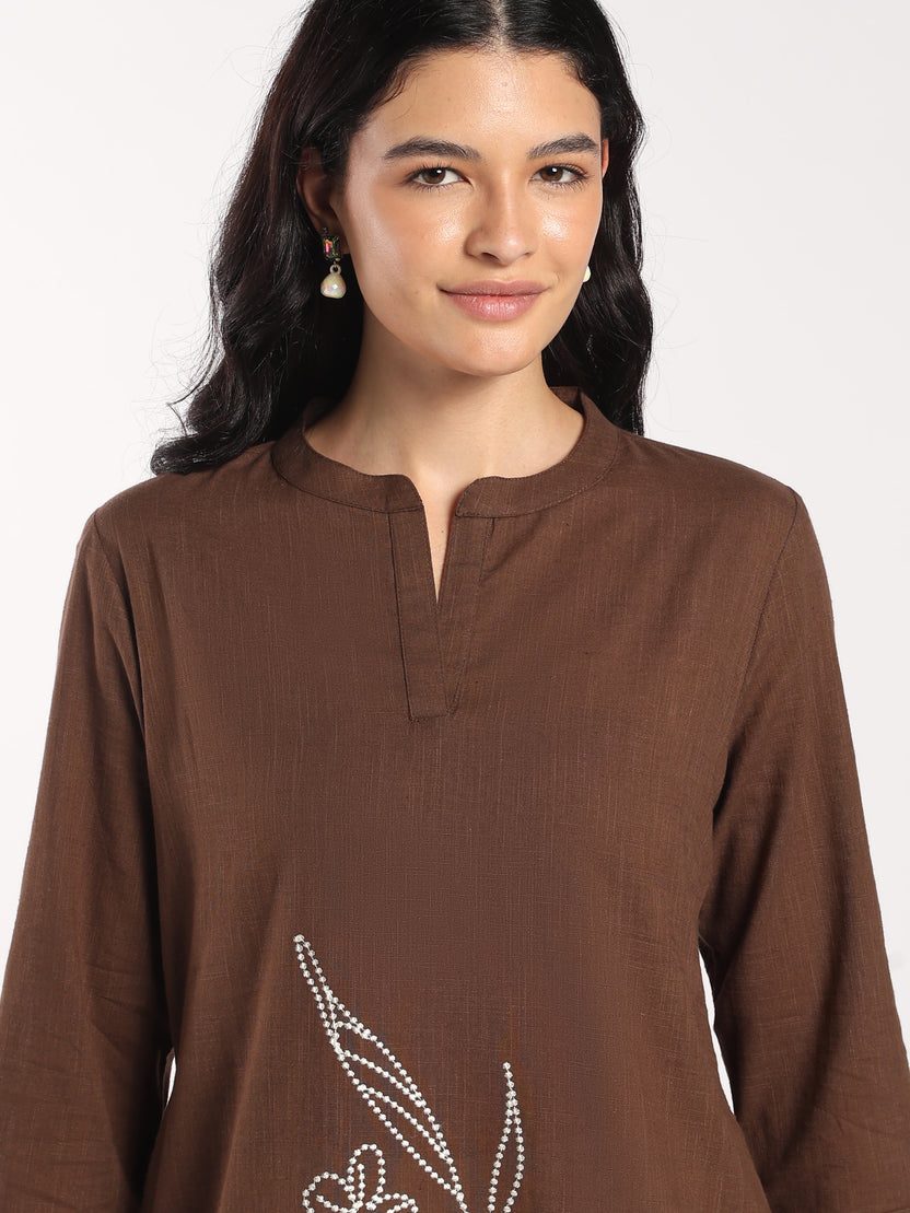Womens Regular Fit Brown Floral Embroidered Kurta - Image 3