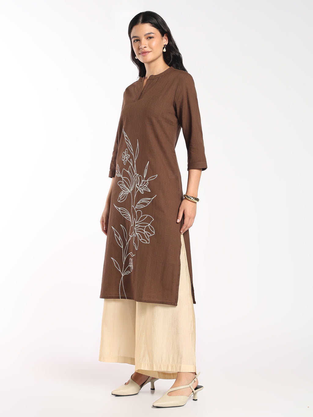 Womens Regular Fit Brown Floral Embroidered Kurta - Image 4