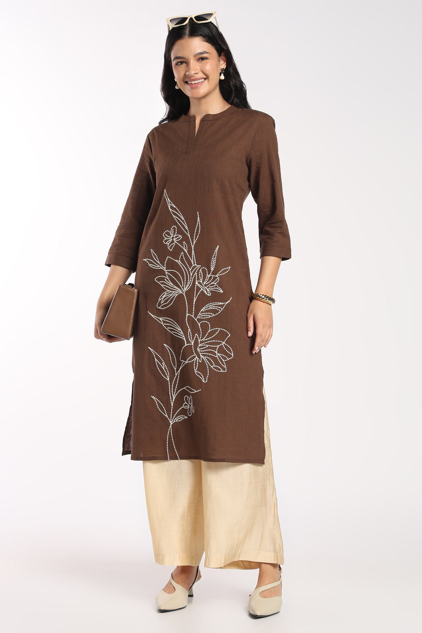 Womens Regular Fit Brown Floral Embroidered Kurta - Image 7