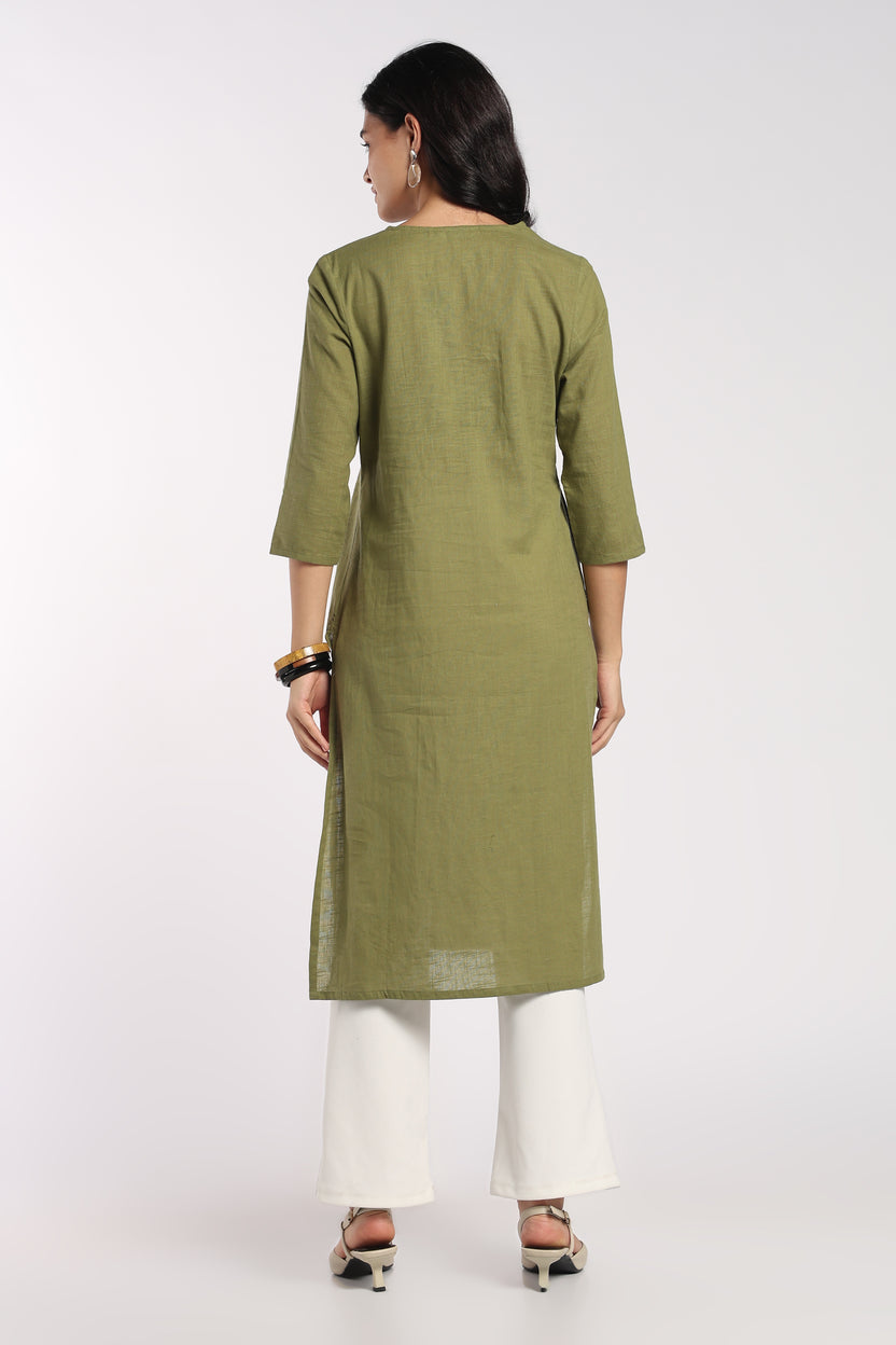 Womens Regular Fit Green Floral Embroidered Kurta - Image 5
