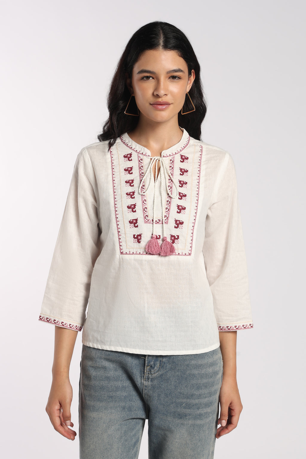 Womens Regular Fit Off White Embroidered Tassel Tunic - Image 2