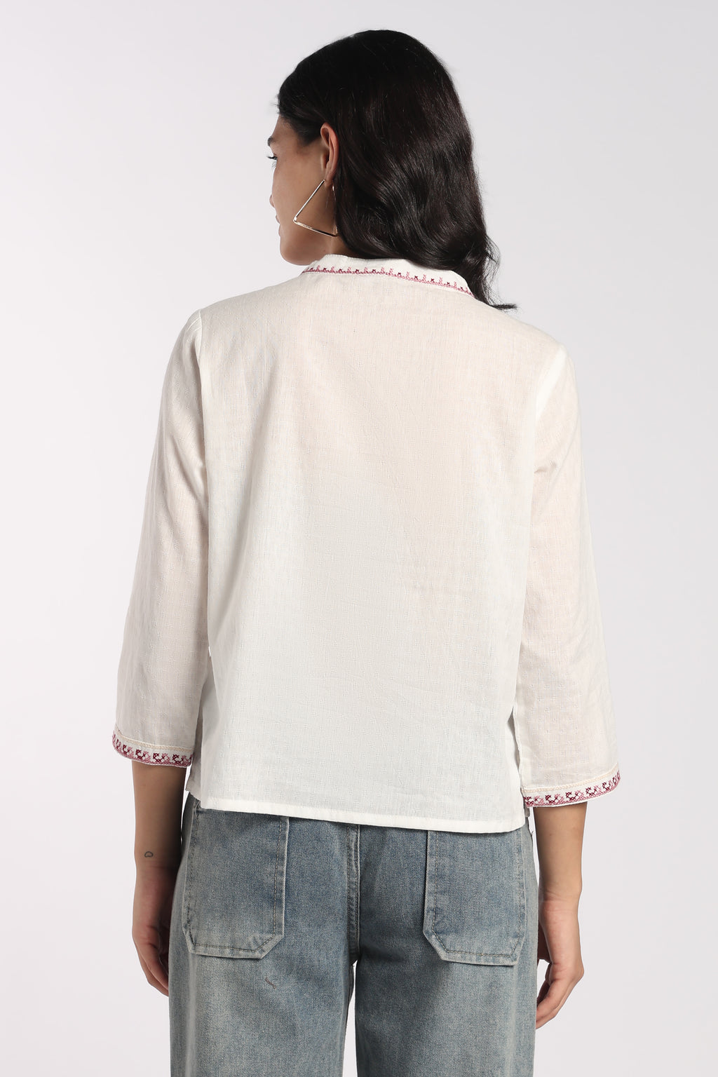 Womens Regular Fit Off White Embroidered Tassel Tunic - Image 5
