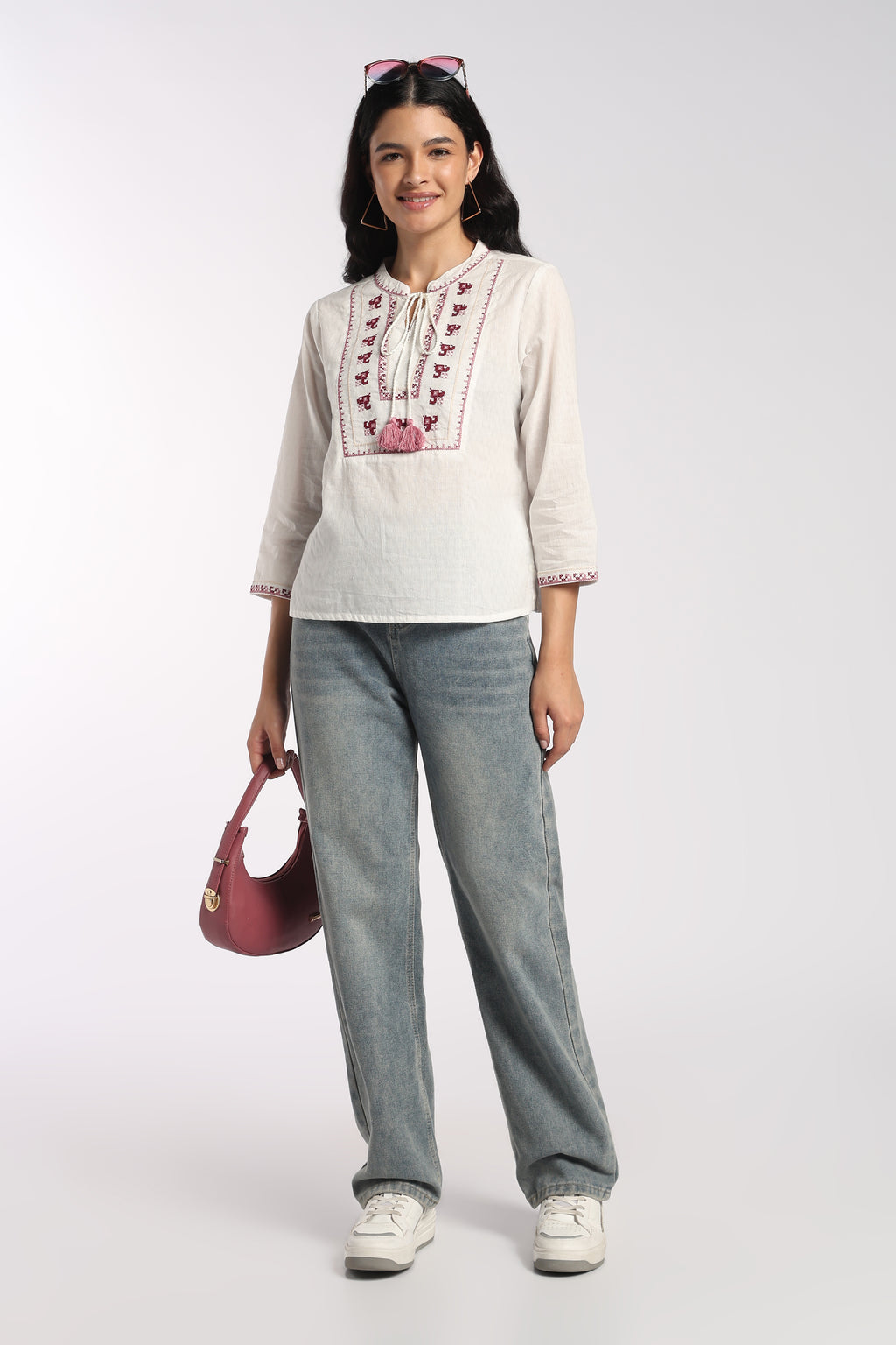 Womens Regular Fit Off White Embroidered Tassel Tunic - Image 6