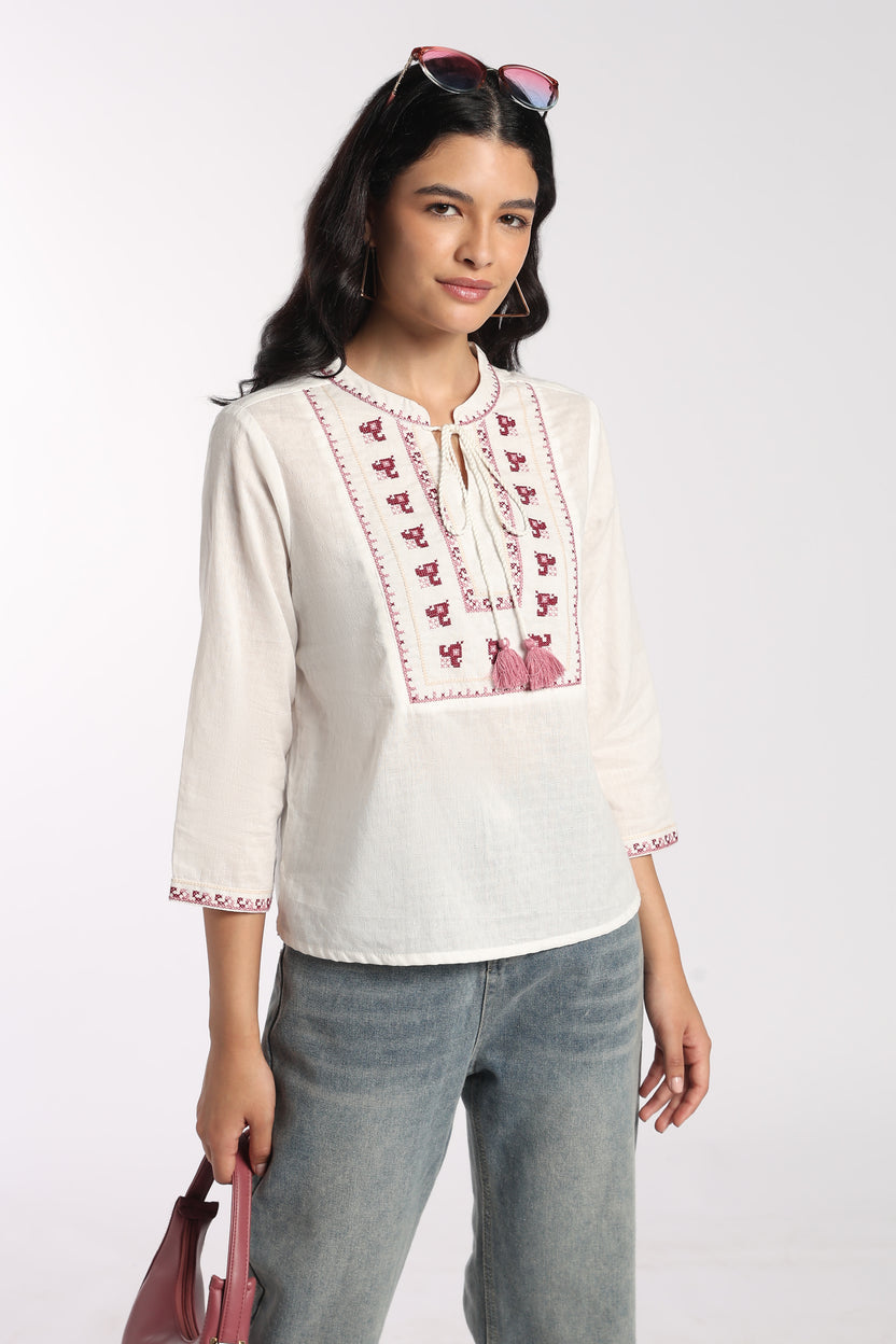 Womens Regular Fit Off White Embroidered Tassel Tunic - Image 7