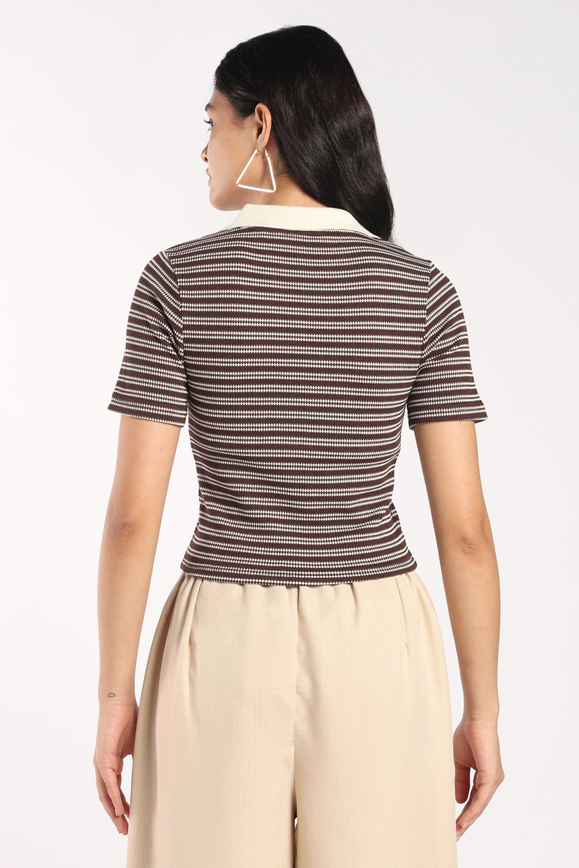 Womens Brown Striped Collared Knit Top - Image 5