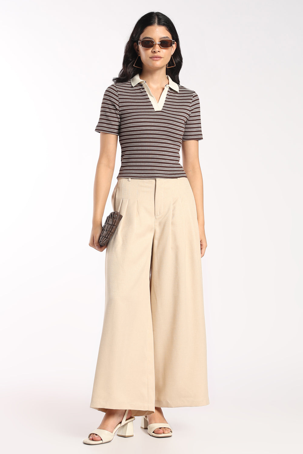 Womens Brown Striped Collared Knit Top - Image 6