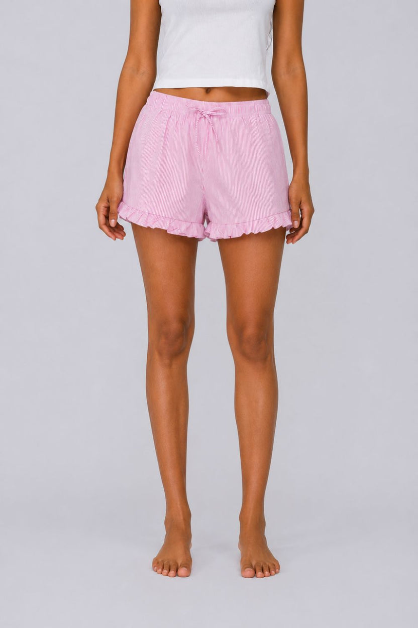 Womens Pink Striped Ruffle Hem Shorts - Image 2