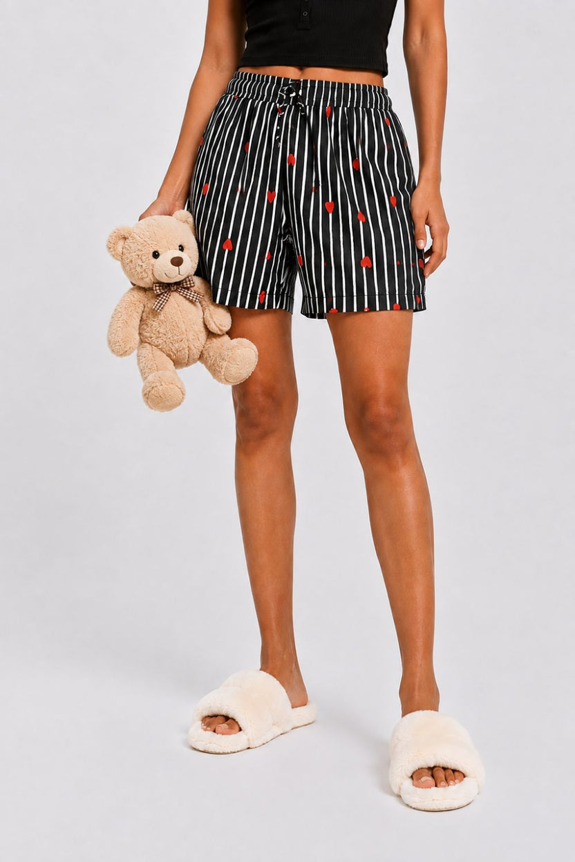 Womens Black Striped Heart Print Shorts - Image 1