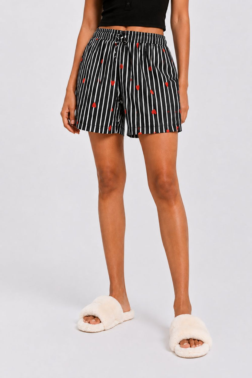 Womens Black Striped Heart Print Shorts - Image 2
