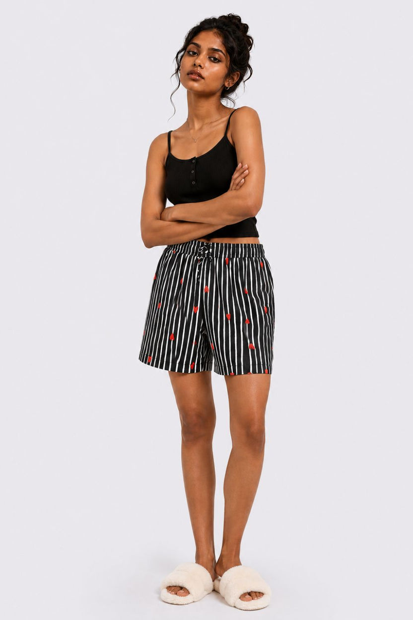 Womens Black Striped Heart Print Shorts - Image 6