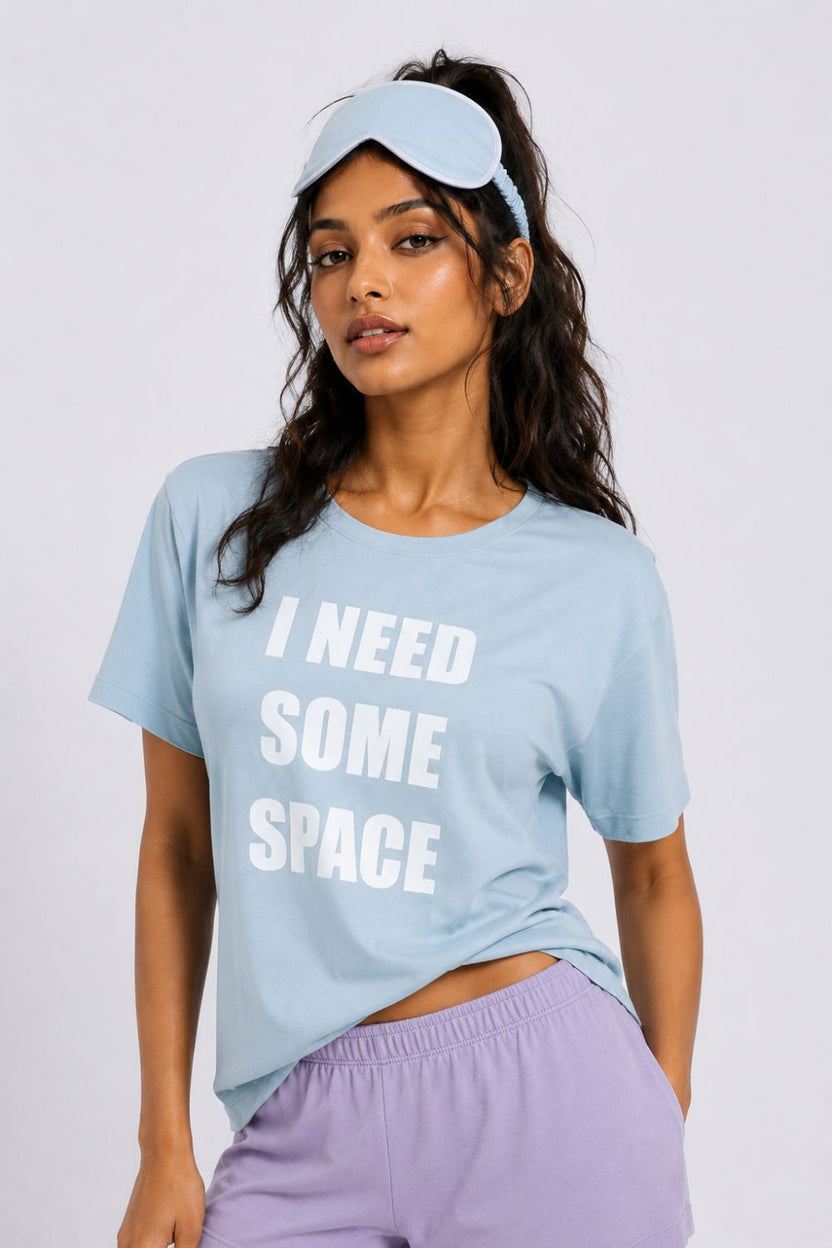 Womens Regular Fit Blue Typography Printed T-Shirt - Image 1