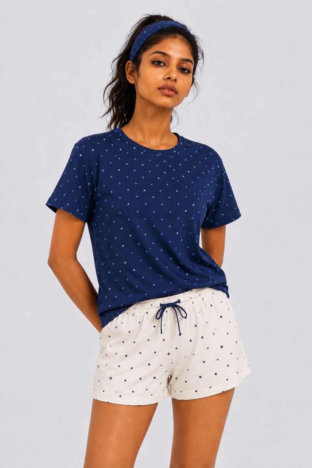 Womens Regular Fit Navy Star Print T-Shirt - Image 1