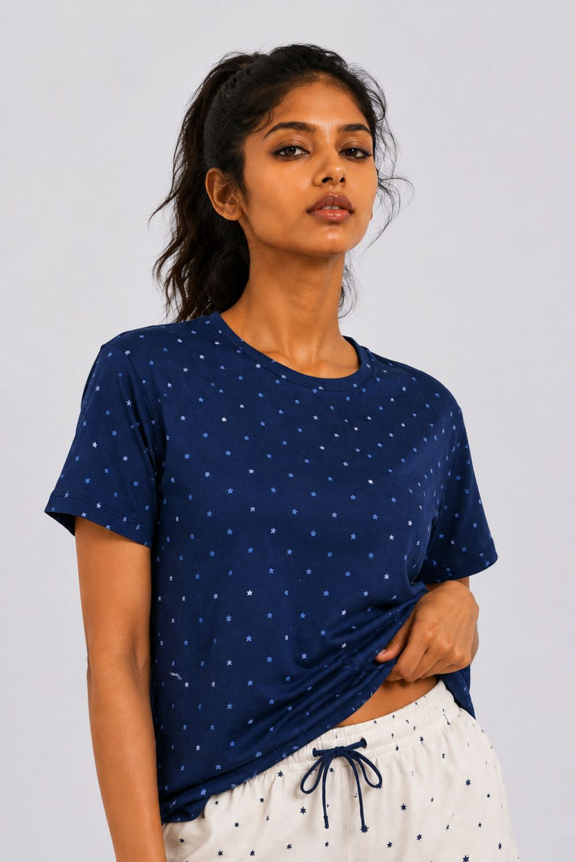 Womens Regular Fit Navy Star Print T-Shirt - Image 2