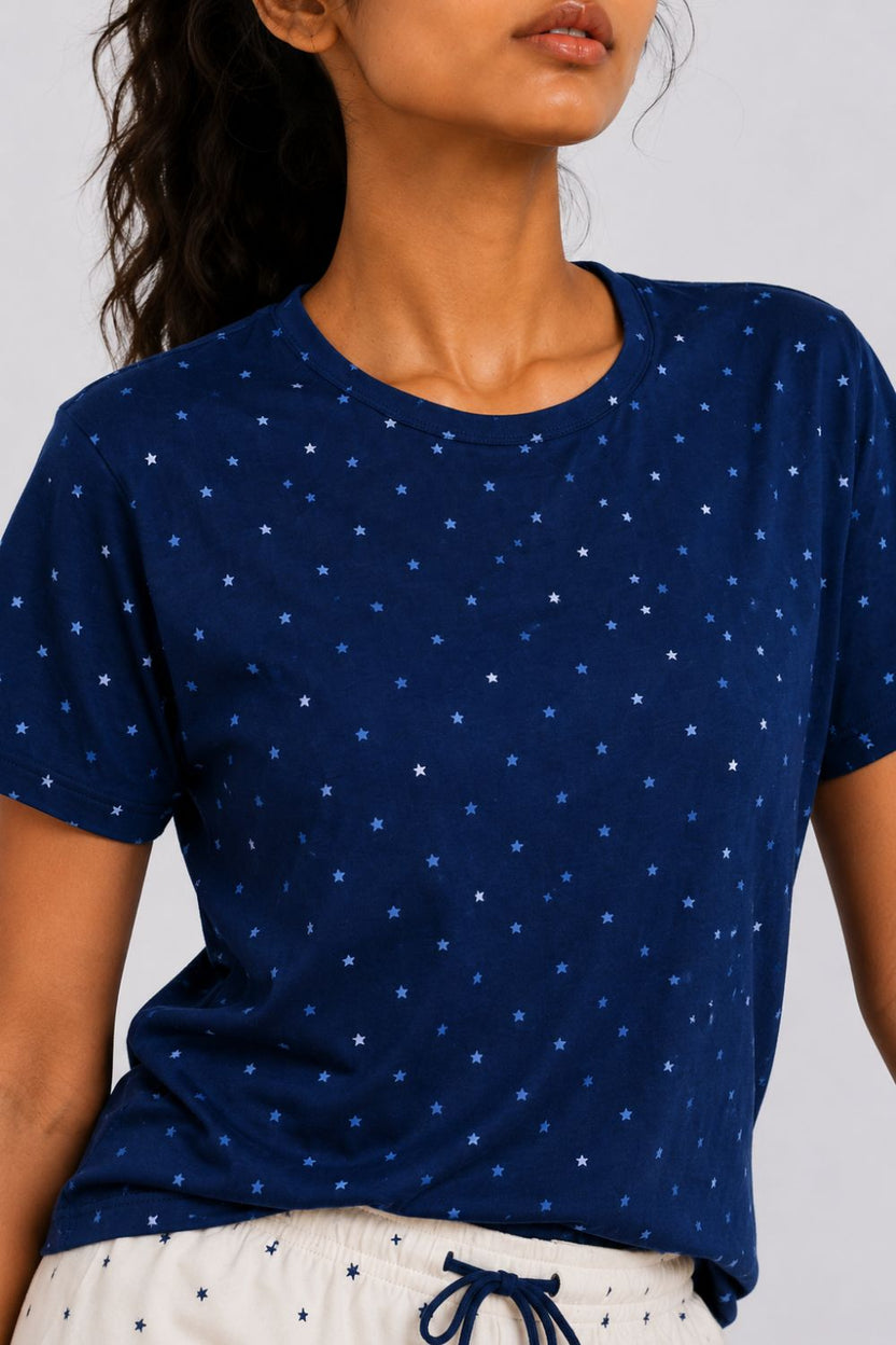 Womens Regular Fit Navy Star Print T-Shirt - Image 3