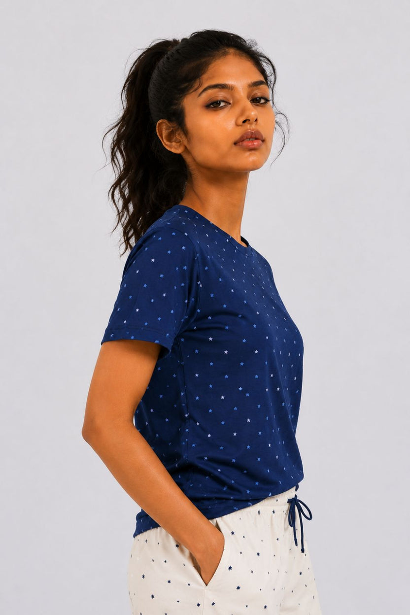 Womens Regular Fit Navy Star Print T-Shirt - Image 4