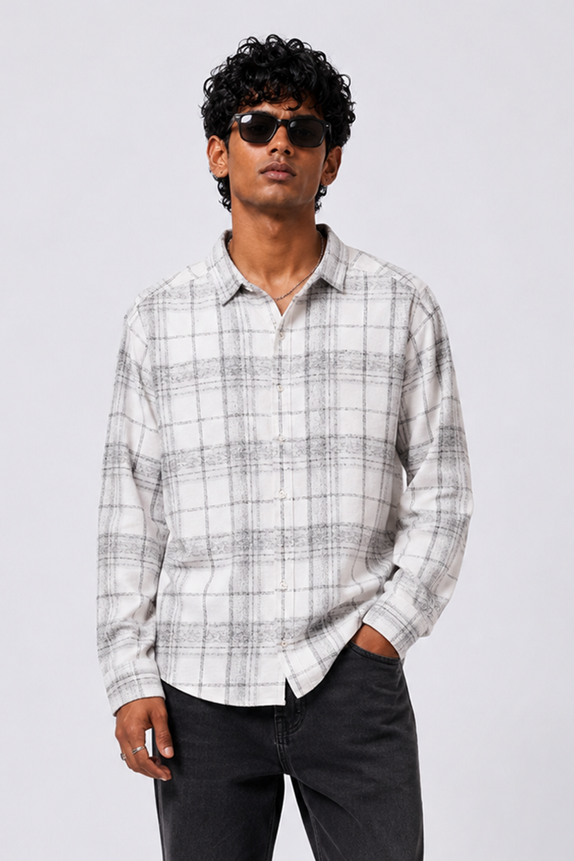Mens Regular Fit Off White Checked Shirt - Image 1