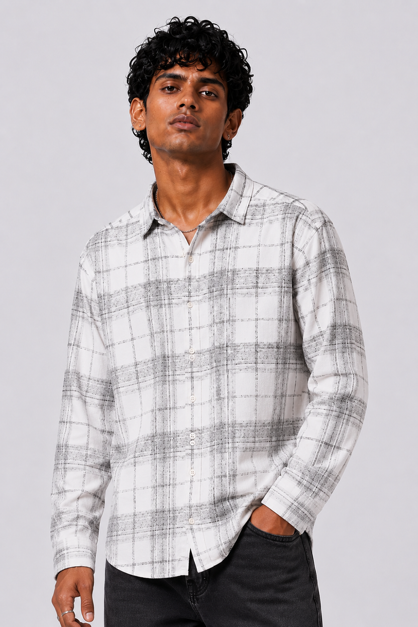 Mens Regular Fit Off White Checked Shirt - Image 2