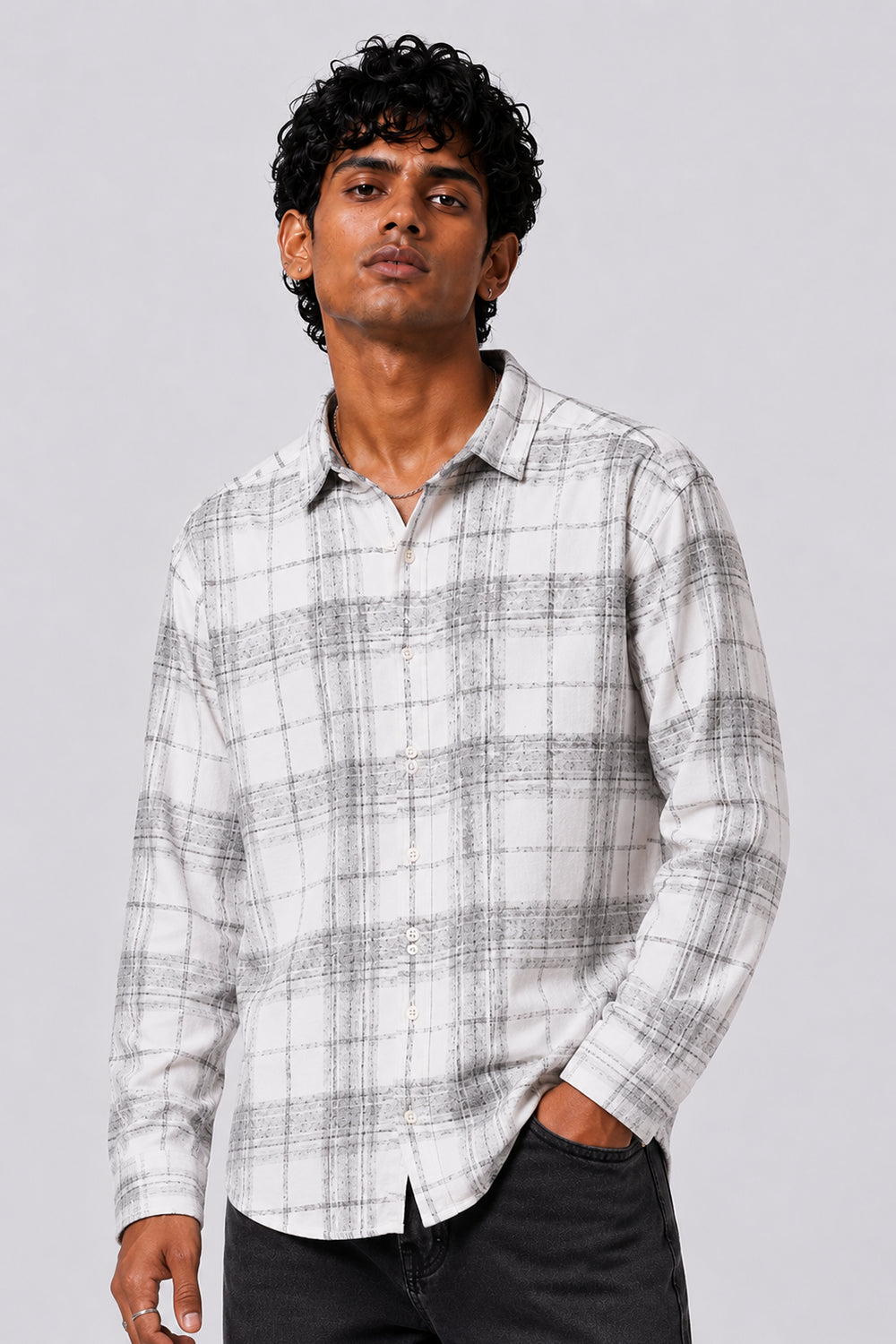 Mens Regular Fit Off White Checked Shirt - Image 2