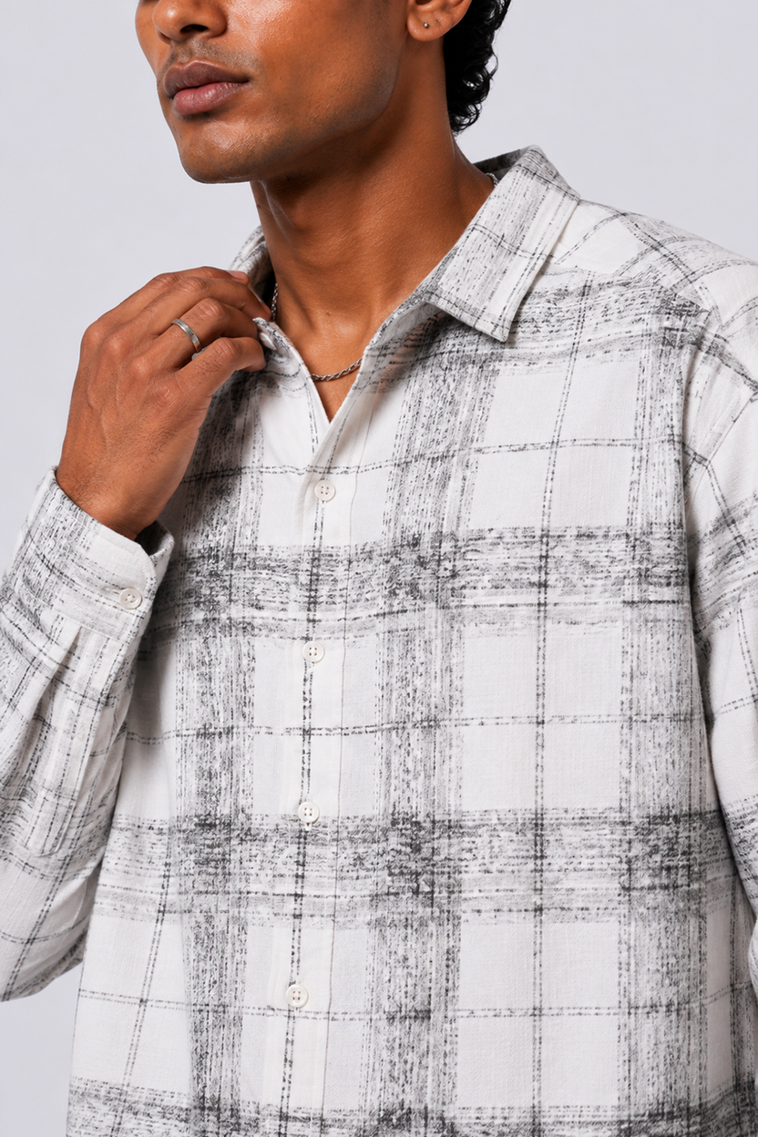 Mens Regular Fit Off White Checked Shirt - Image 3