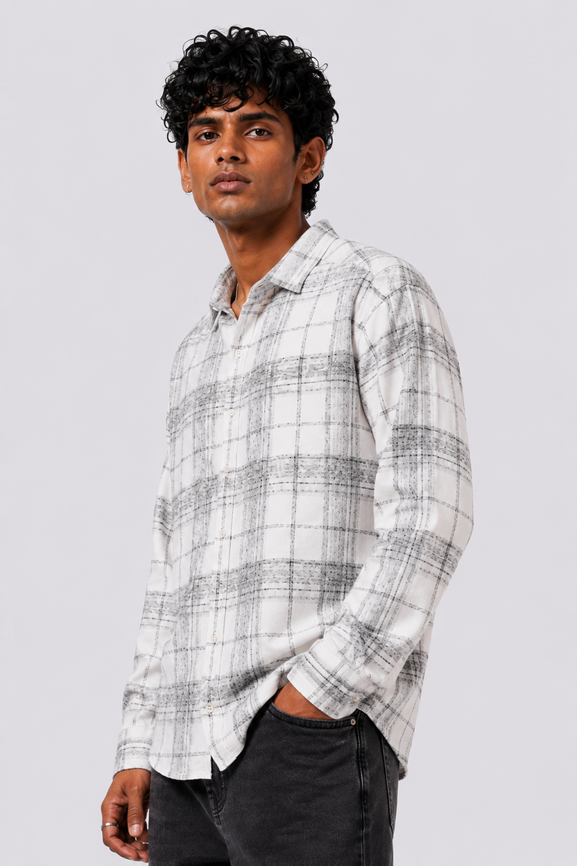 Mens Regular Fit Off White Checked Shirt - Image 4