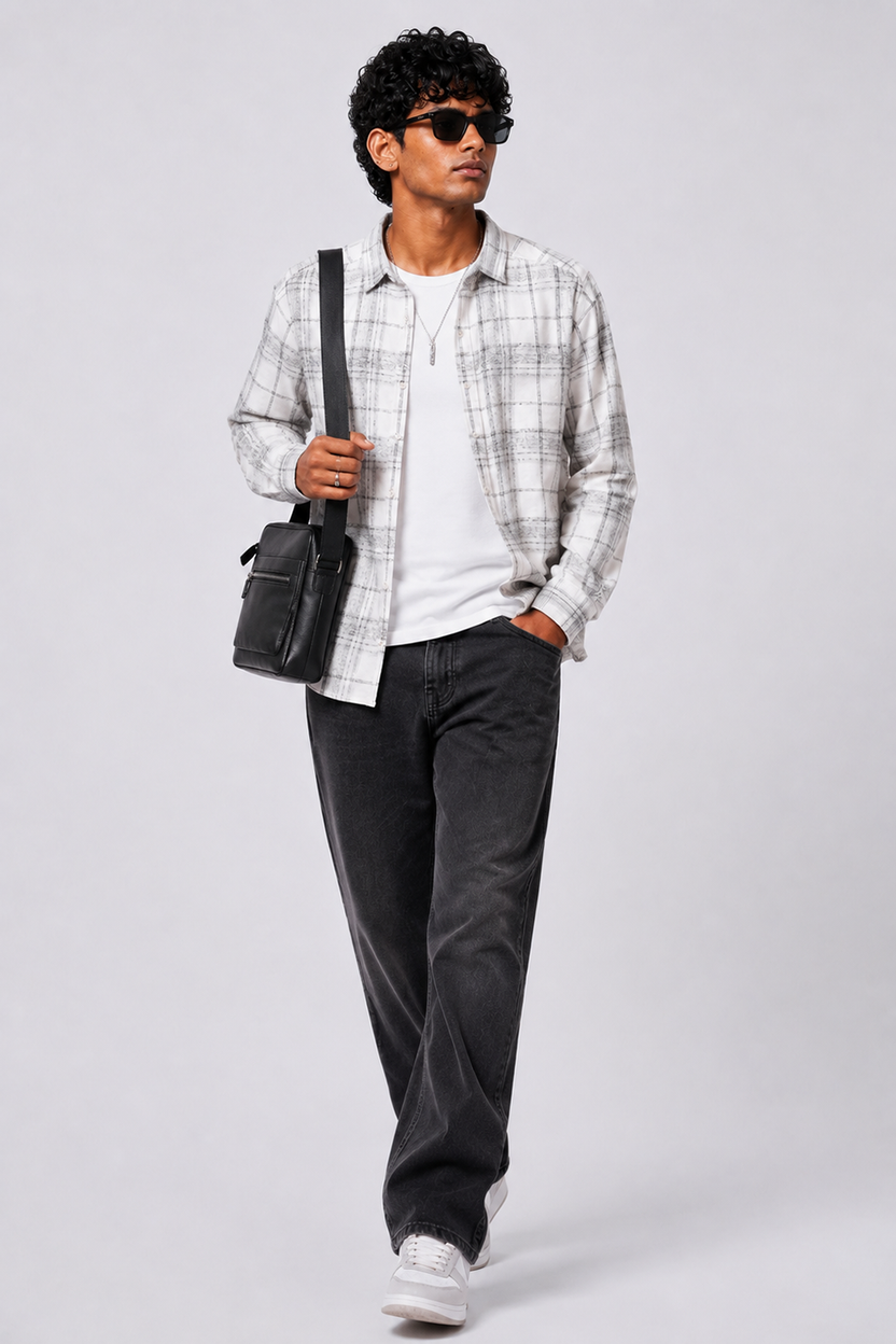 Mens Regular Fit Off White Checked Shirt - Image 6
