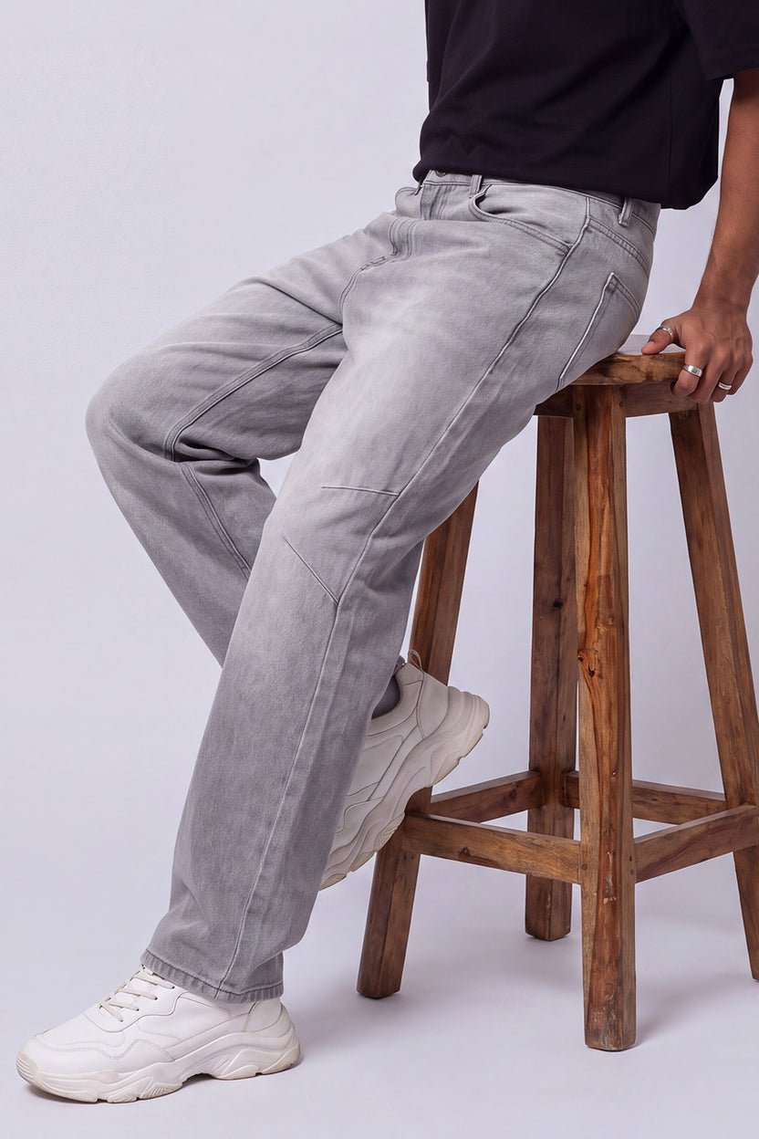 Mens Barrel Fit Grey Solid Jeans - Image 1